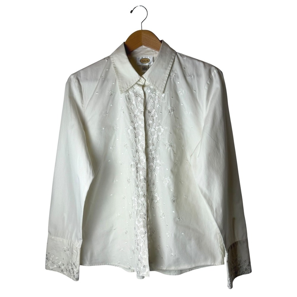 Talbots Floral Embroidered Blouse Women 14‎ White Cotton Button Up Preppy Retro